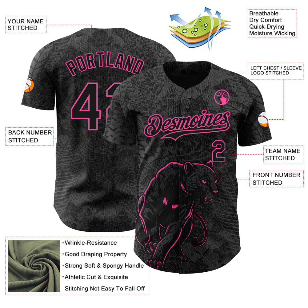 Custom Black Pink 3D Hawaii Tropical Palm Leaves And Animal Leopard Authentic Baseball Jersey