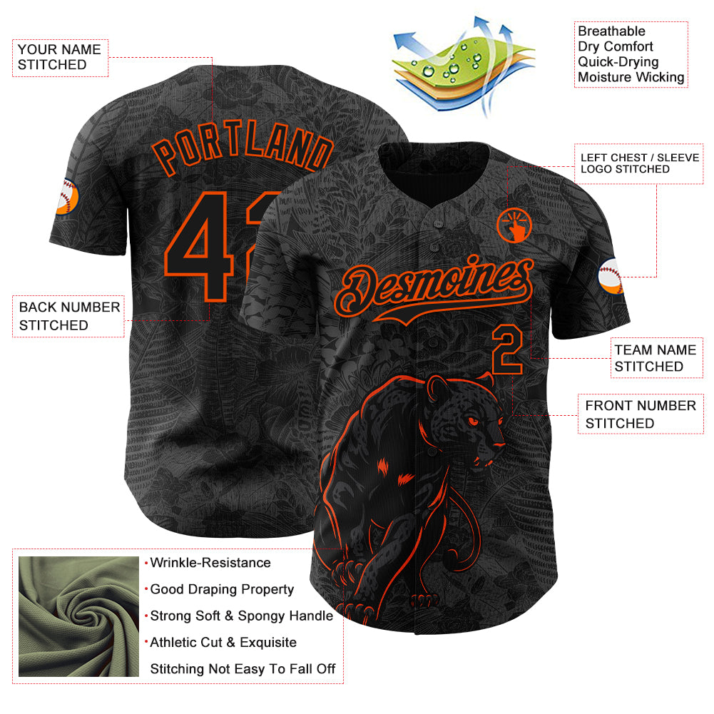 Custom Black Orange 3D Hawaii Tropical Palm Leaves And Animal Leopard Authentic Baseball Jersey