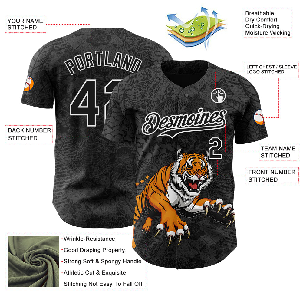 Custom Black White 3D Hawaii Tropical Palm Leaves And Animal Tiger Authentic Baseball Jersey