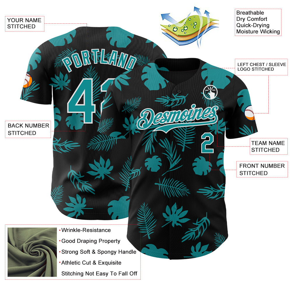 Custom Black Teal-White 3D Hawaii Palm Leaves Authentic Baseball Jersey