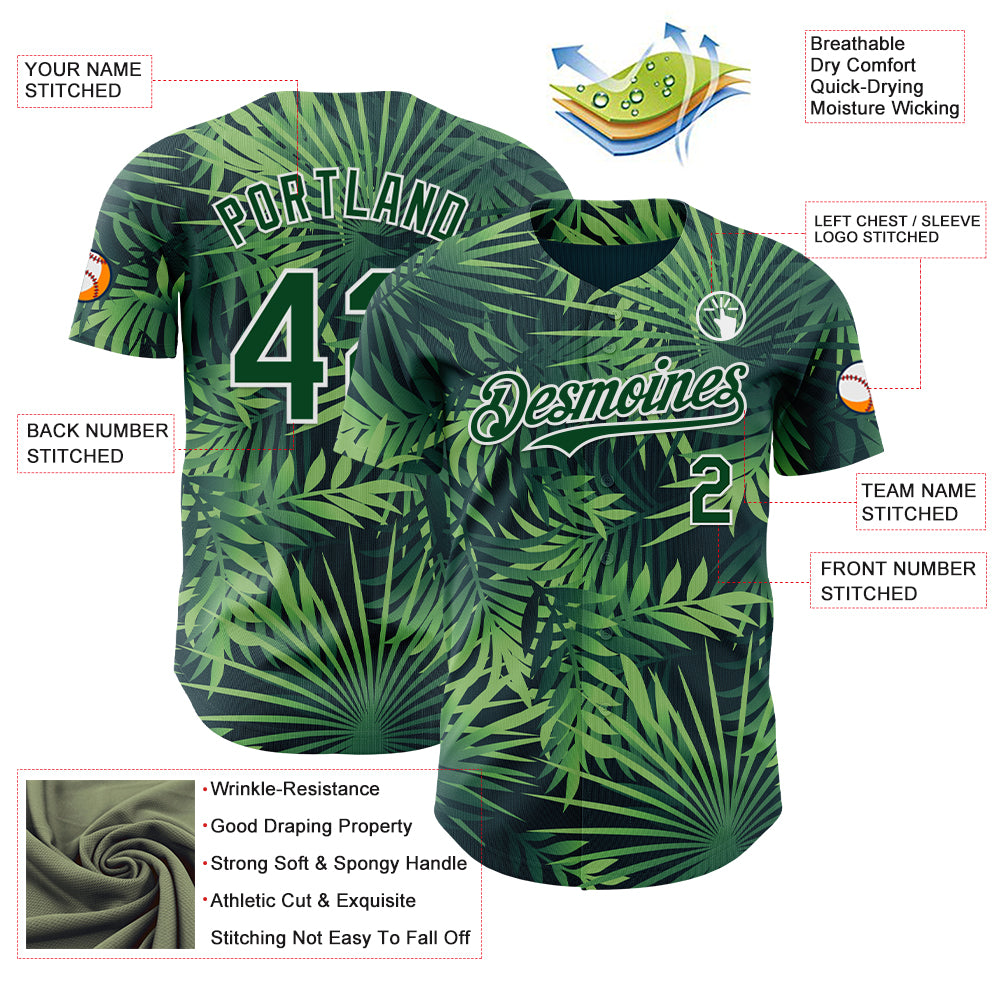 Custom Green White 3D Hawaii Palm Leaves Authentic Baseball Jersey