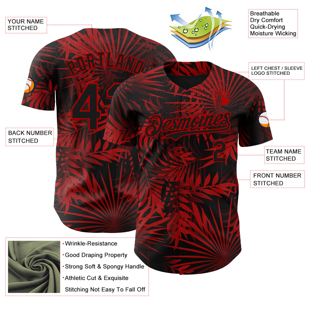 Custom Black Red 3D Hawaii Palm Leaves Authentic Baseball Jersey