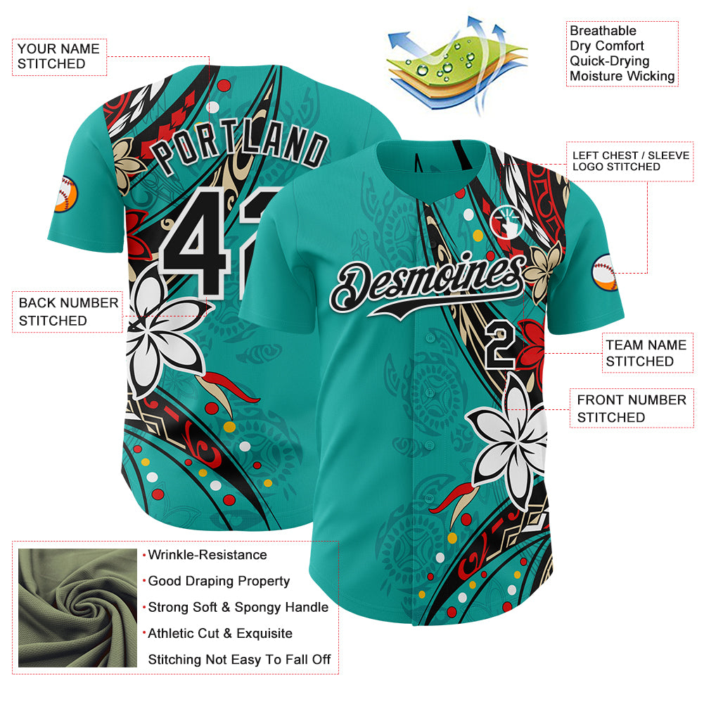 Custom Teal Black-White 3D Hawaii Flower Authentic Baseball Jersey