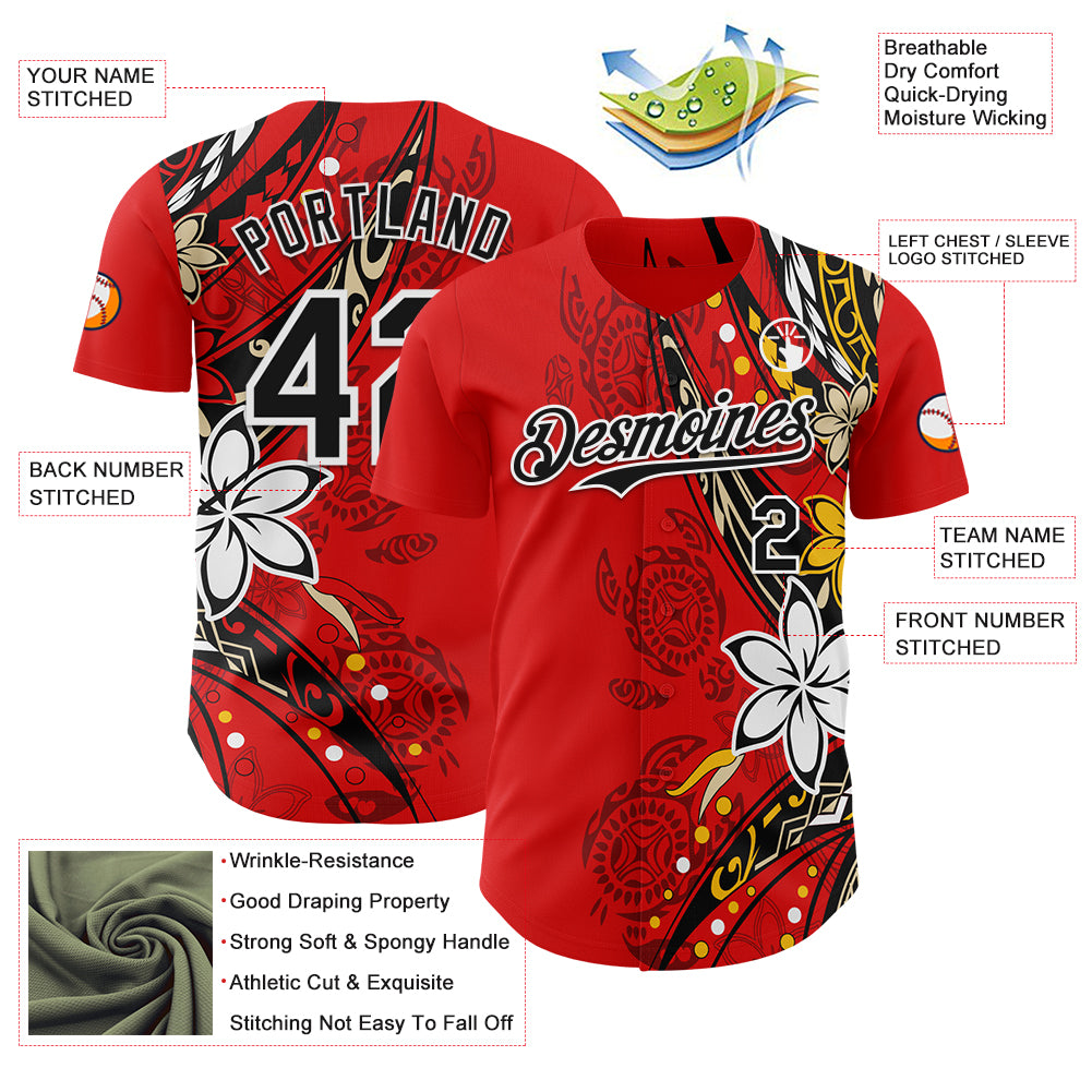 Custom Red Black-White 3D Hawaii Flower Authentic Baseball Jersey