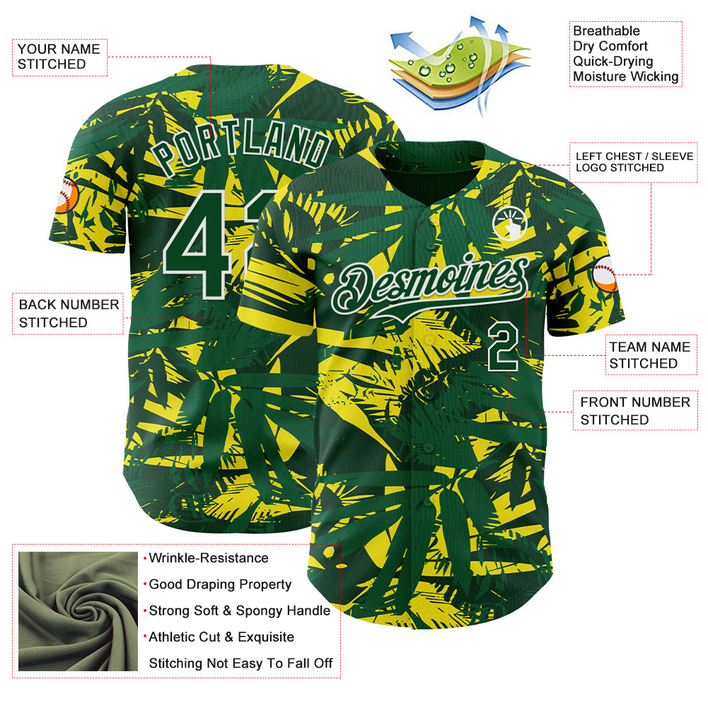 Custom Green White 3D Hawaii Palm Leaves Authentic Baseball Jersey