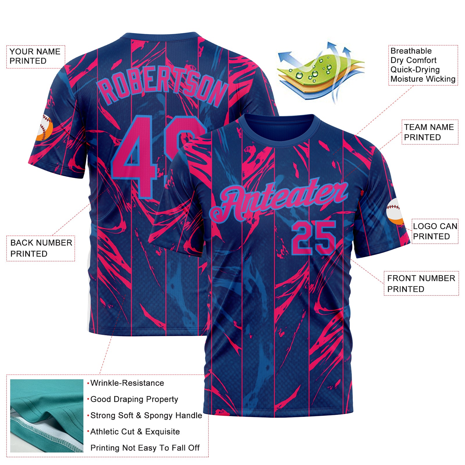 Custom Blue Hot Pink Red-Powder Blue 3D Pattern Design Abstract Splash Stripe Sportswear Performance T-Shirt