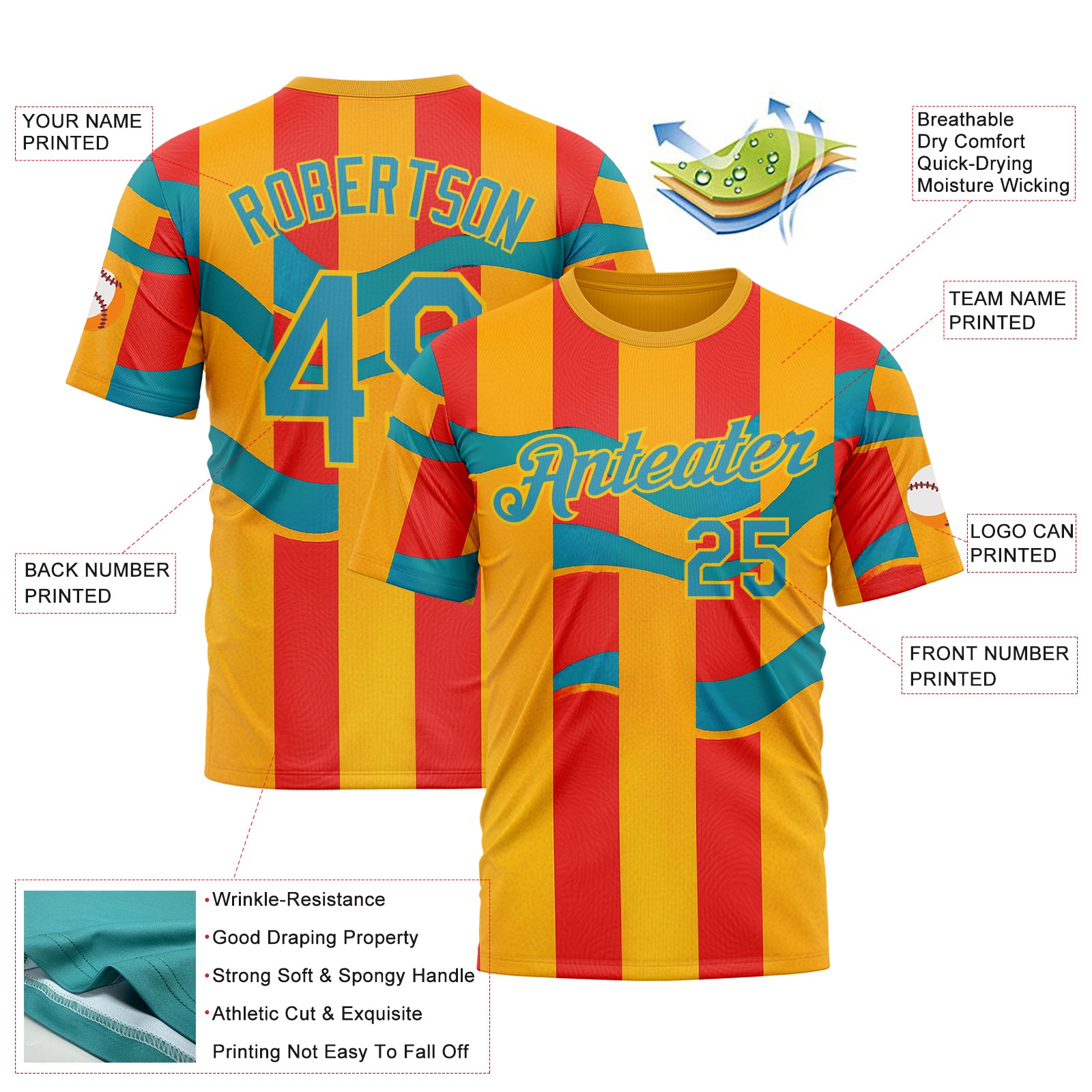 Custom Yellow Panther Blue-Red 3D Pattern Design Color Block Stripe Sportswear Performance T-Shirt