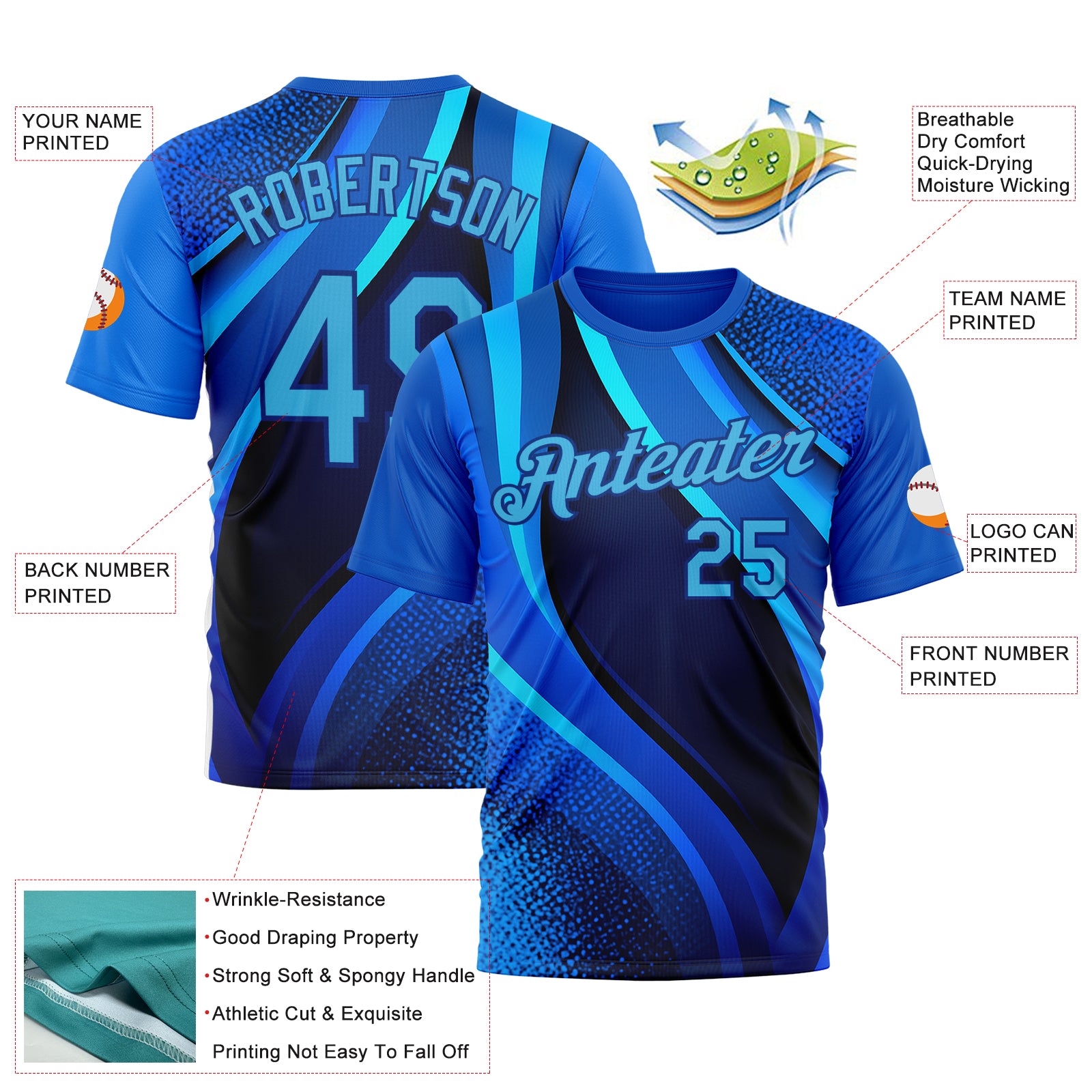 Custom Blue Sky Blue-Royal 3D Pattern Design France Wave Gradient Sportswear Performance T-Shirt