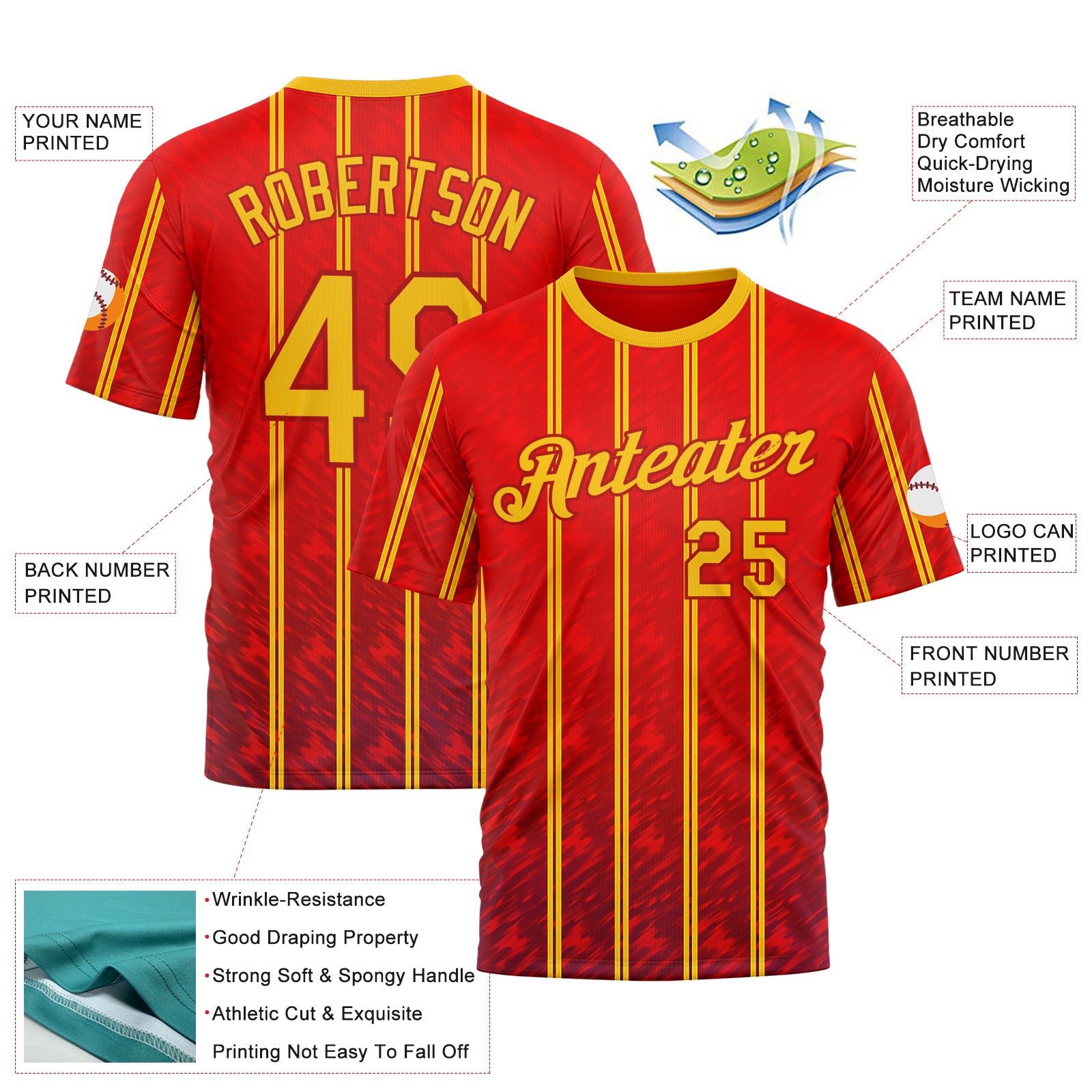 Custom Red Yellow 3D Pattern Design Spain Stripe Sportswear Performance T-Shirt