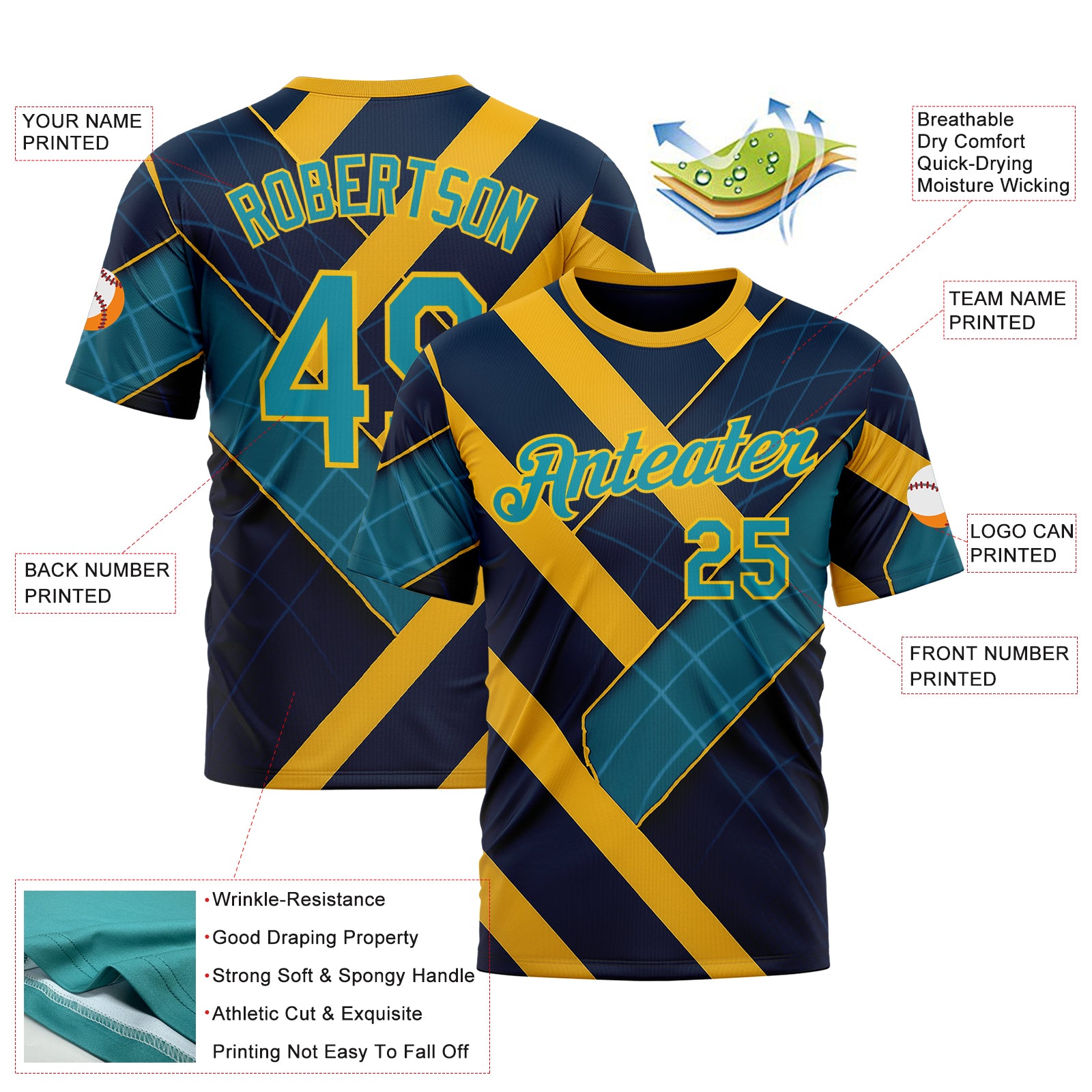 Custom Blue Teal-Yellow 3D Pattern Design Brazil Geometric Shape Sportswear Performance T-Shirt