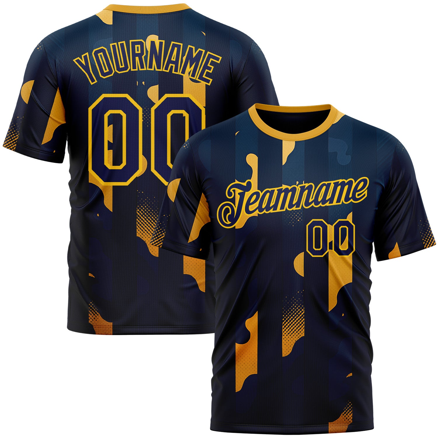 Custom Blue Navy-Yellow 3D Pattern Design Geometric Shape Stripe Sportswear Performance T-Shirt