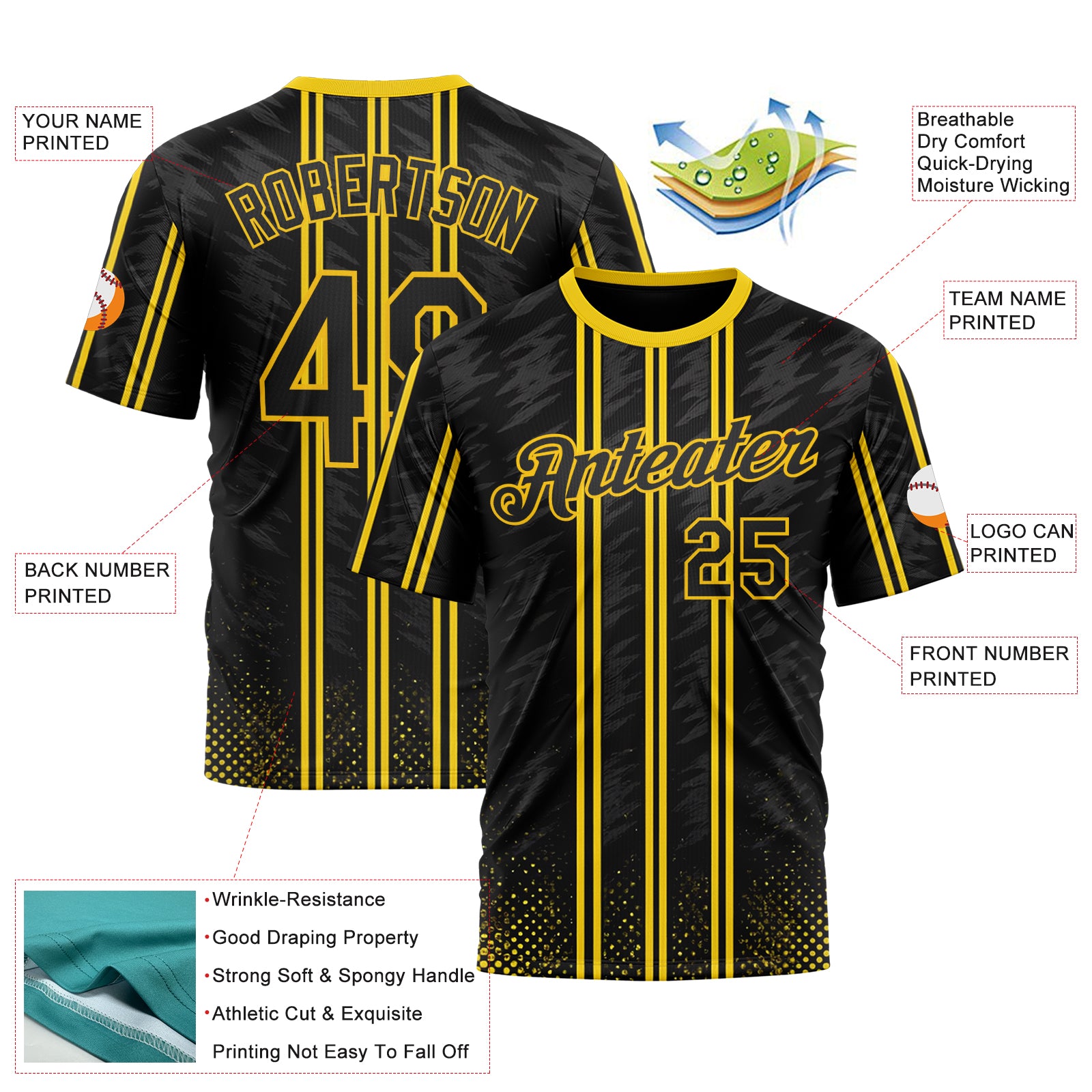 Custom Black Yellow 3D Pattern Design Germany Stripe Sportswear Performance T-Shirt