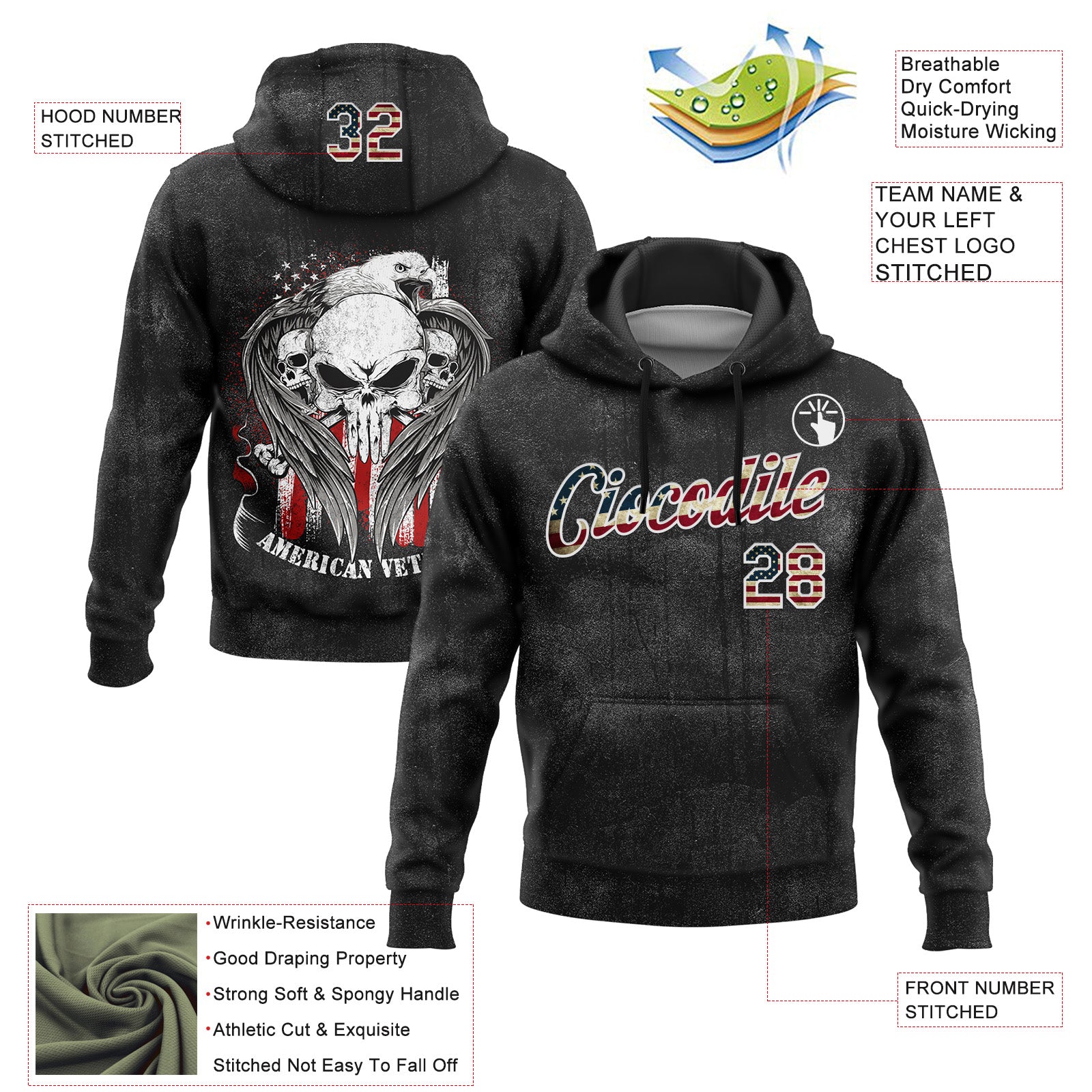 Custom Stitched Black Vintage USA Flag-White 3D American Flag Retro Distressed Veteran Skull Grunge Sports Pullover Sweatshirt Hoodie