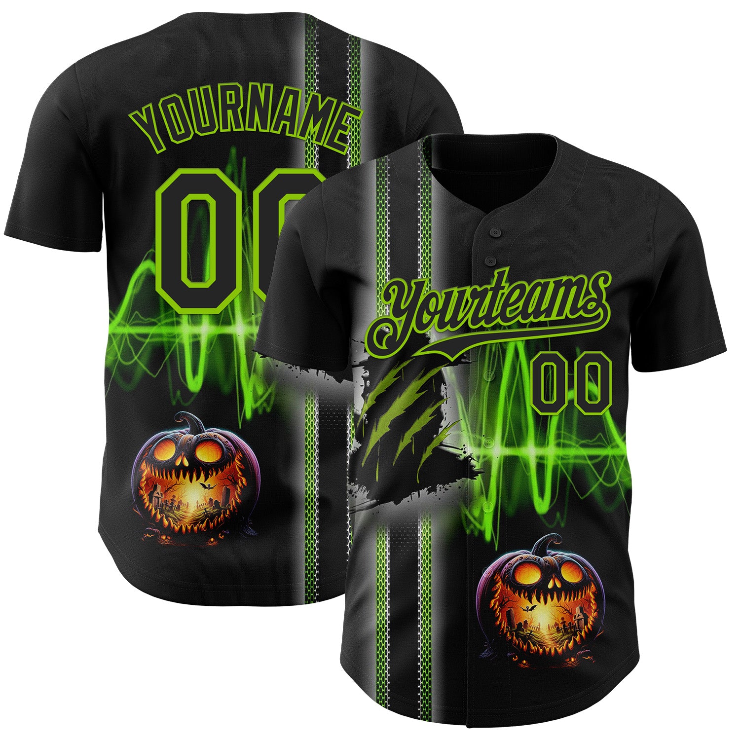 Custom Black Neon Green 3D Halloween Spooky Pumpkin Scratch Authentic Baseball Jersey