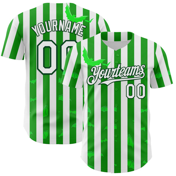 Custom White Green 3D Halloween Spooky Bat Stripe Authentic Baseball Jersey