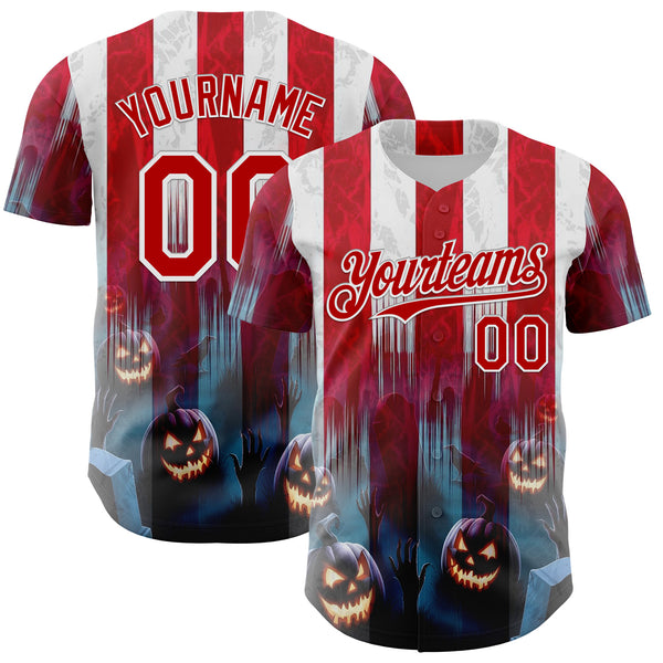Custom Red Blue-White 3D Halloween Spooky Pumpkin Stripe Authentic Baseball Jersey