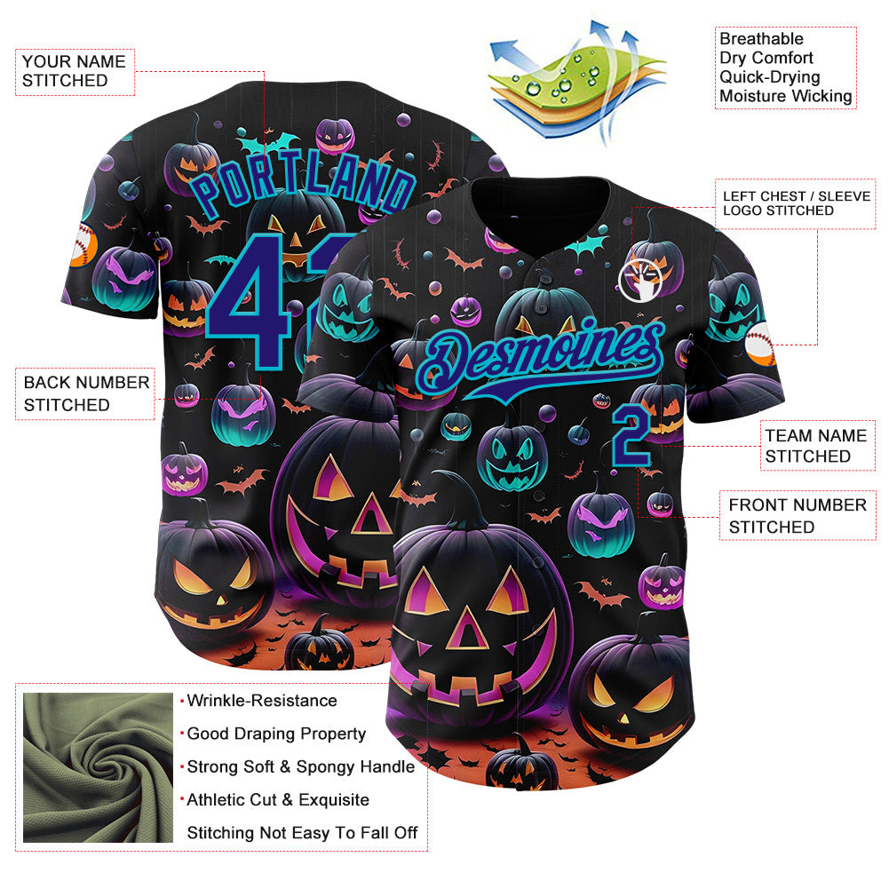 Custom Black Dark Purple-Lakes Blue 3D Halloween Spooky Pumpkin Authentic Baseball Jersey