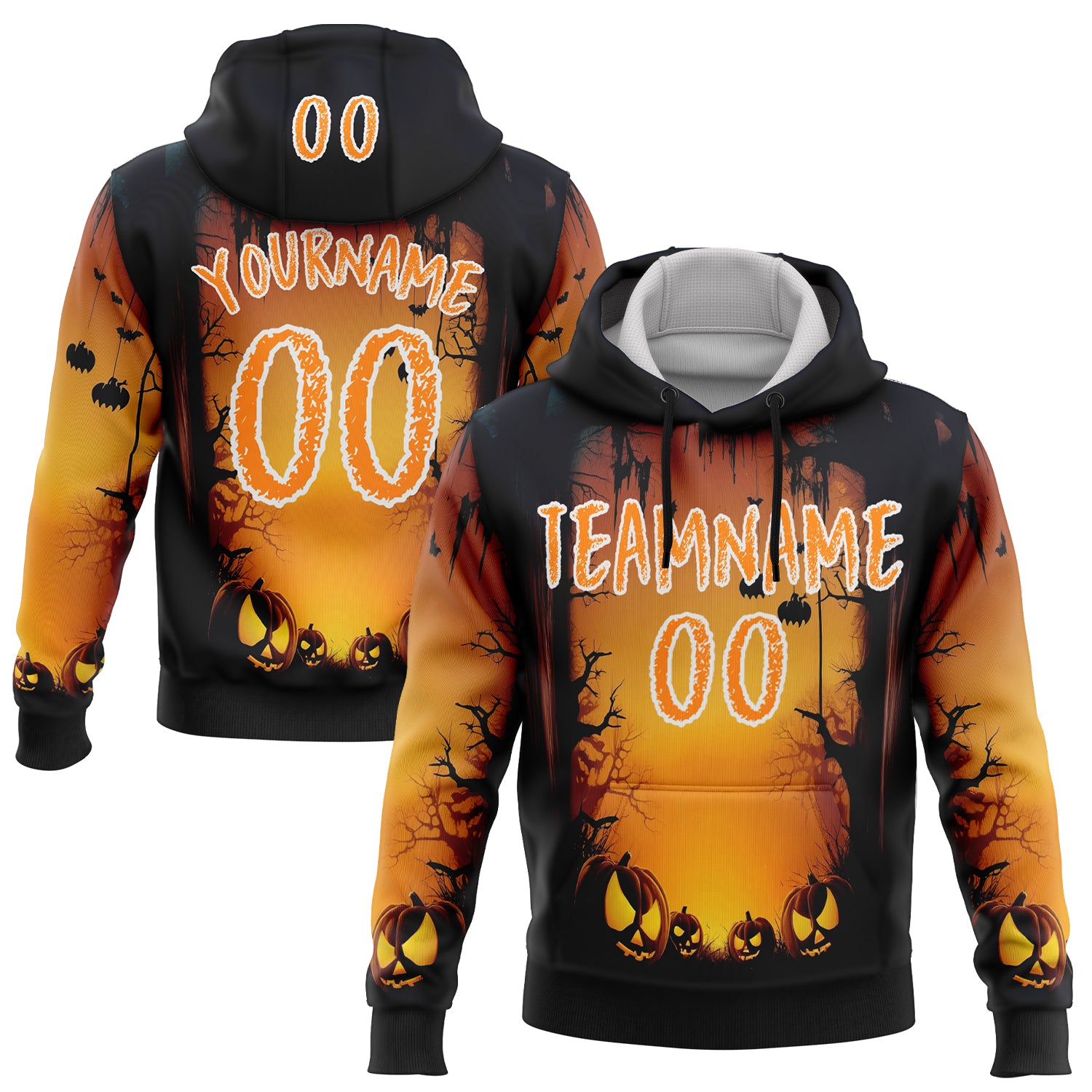 Custom Black Bay Orange Yellow-White 3D Halloween Pumpkin Spooky Sports Pullover Sweatshirt Hoodie