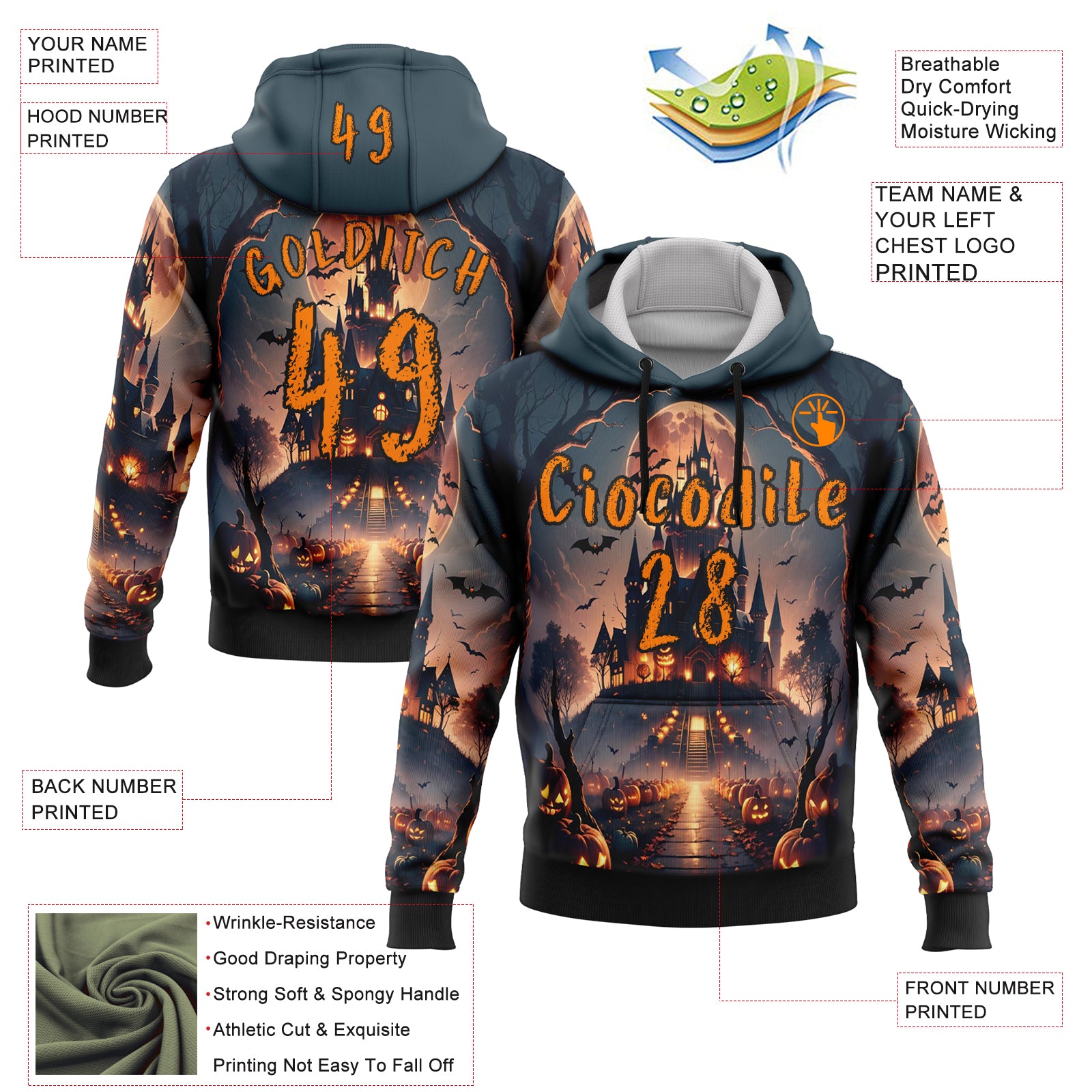 Custom Blue Bay Orange-Black 3D Halloween Pumpkin Spooky Sports Pullover Sweatshirt Hoodie