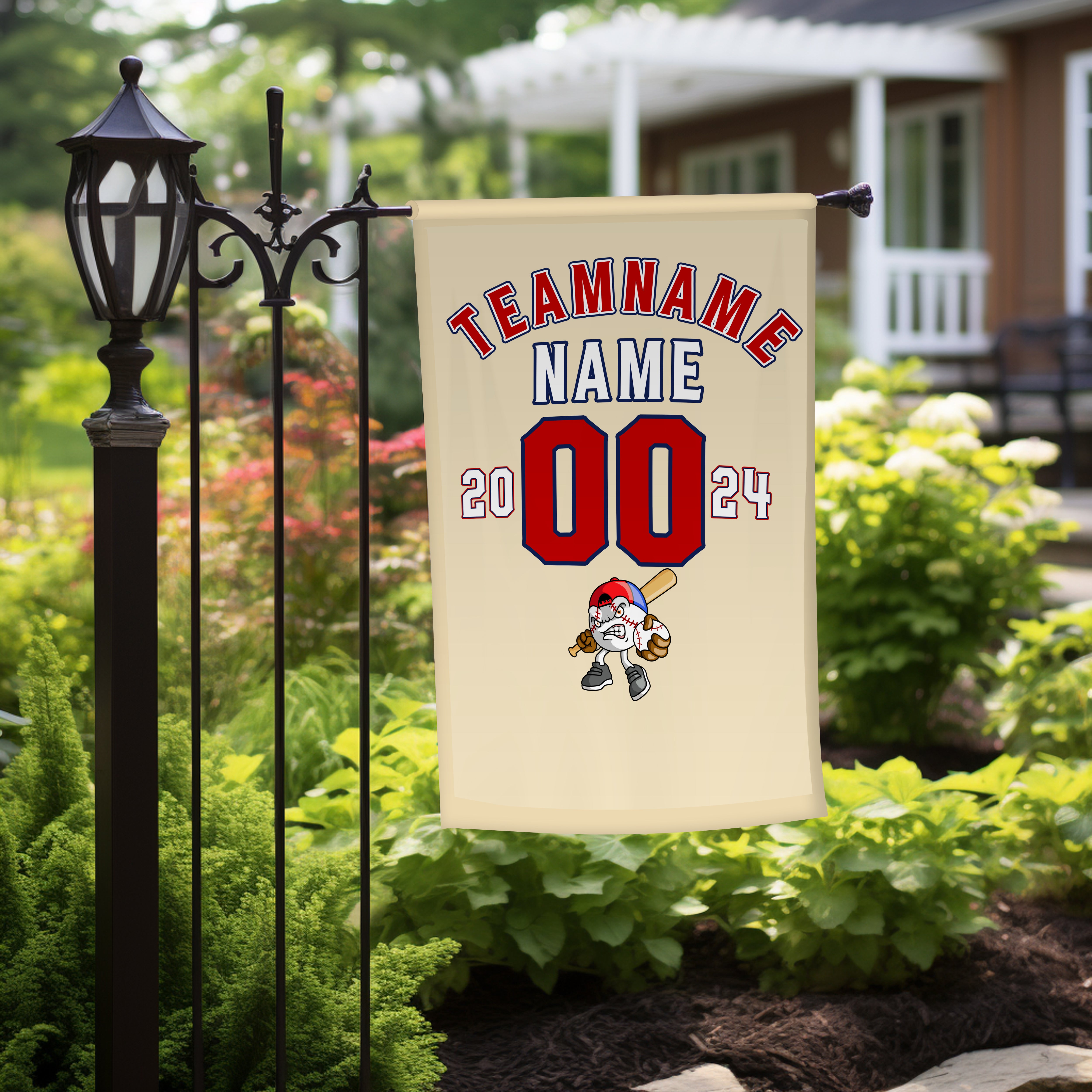 Personalized Khaki Red White Baseball Team Name Garden Flag