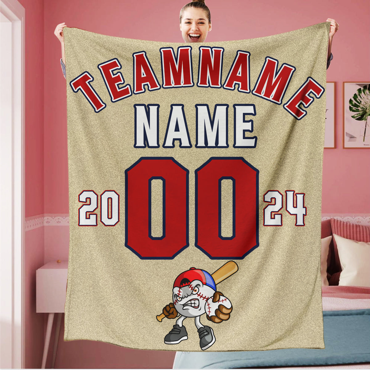 Personalized Khaki Red White Baseball Team Logo Sports Blanket