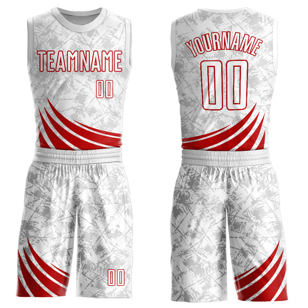 Custom White Red Wind Shapes Round Neck Sublimation Basketball Suit Jersey