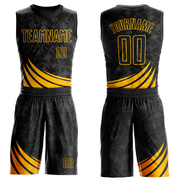 Custom Black Gold Wind Shapes Round Neck Sublimation Basketball Suit Jersey