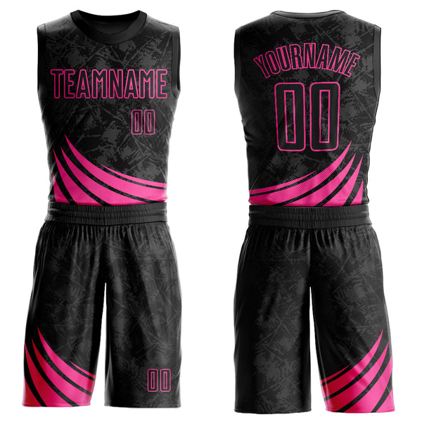 Custom Black Pink Wind Shapes Round Neck Sublimation Basketball Suit Jersey