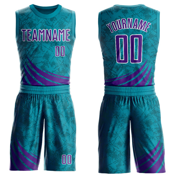 Custom Teal Purple-White Wind Shapes Round Neck Sublimation Basketball Suit Jersey