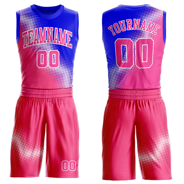 Custom Pink Royal-White Gradient Two Tone Diamond Shape Round Neck Sublimation Basketball Suit Jersey