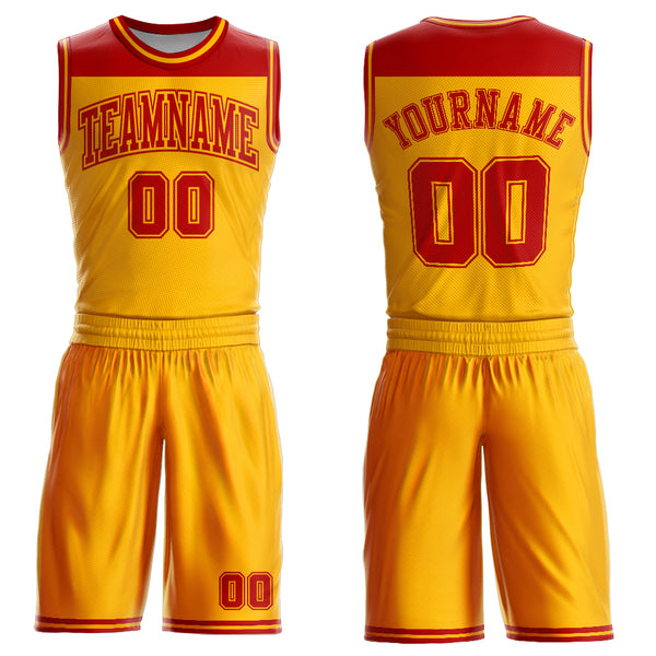 Custom Gold Red Color Block Round Neck Sublimation Basketball Suit Jersey
