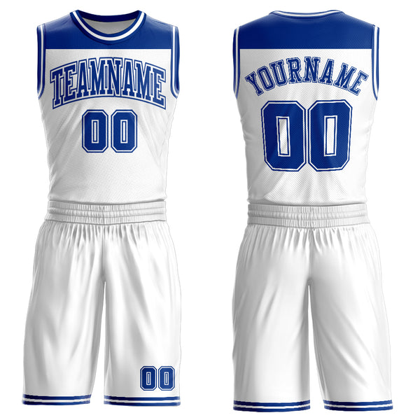 Custom White Royal Color Block Round Neck Sublimation Basketball Suit Jersey