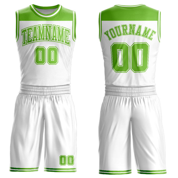 Custom White Neon Green Color Block Round Neck Sublimation Basketball Suit Jersey