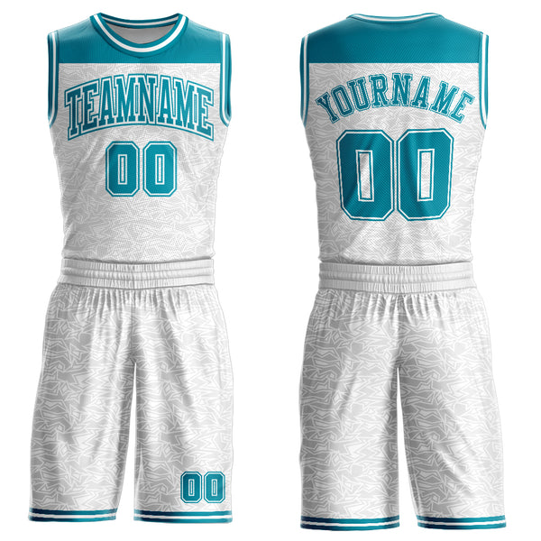 Custom White Teal Color Block Round Neck Sublimation Basketball Suit Jersey