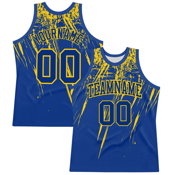 Custom Royal Yellow Splash Round Neck Sublimation Basketball Suit Jersey
