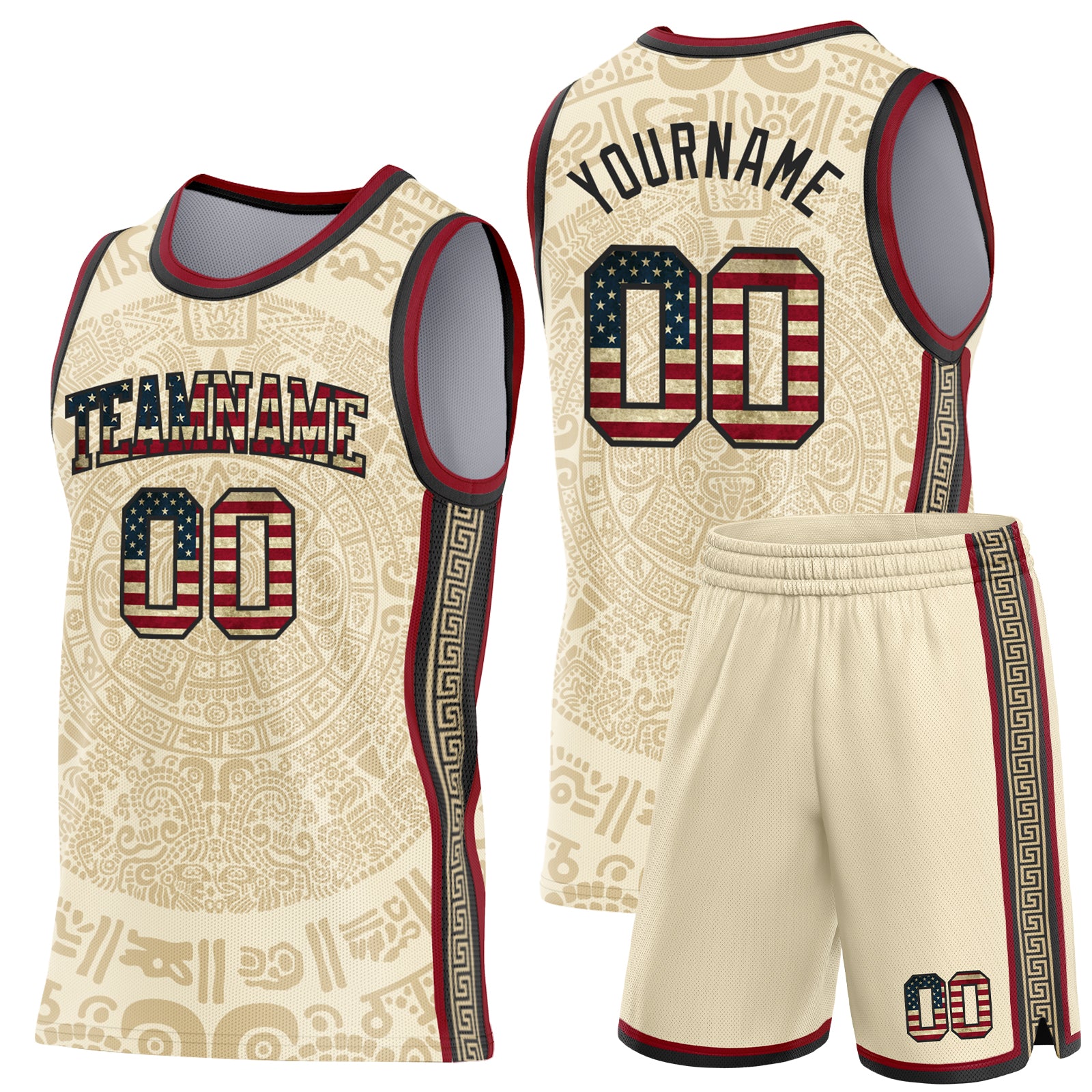 Custom Cream Vintage USA Flag Black-Maroon Tribal Ethnic Aztec Sun Stone Side Panel Stripe Round Neck Sublimation Basketball Set Jersey