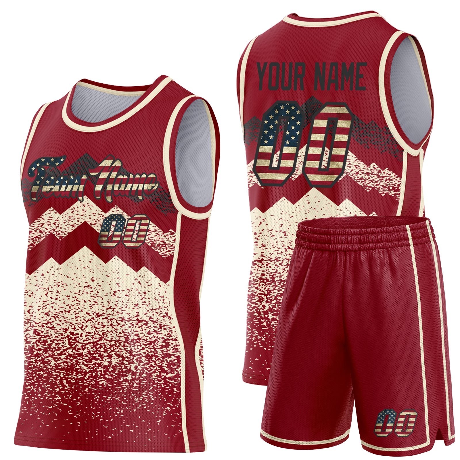 Custom Maroon Vintage USA Flag Cream-Black Mountain Peak Shards Side Panel Stripe Round Neck Sublimation Basketball Set Jersey