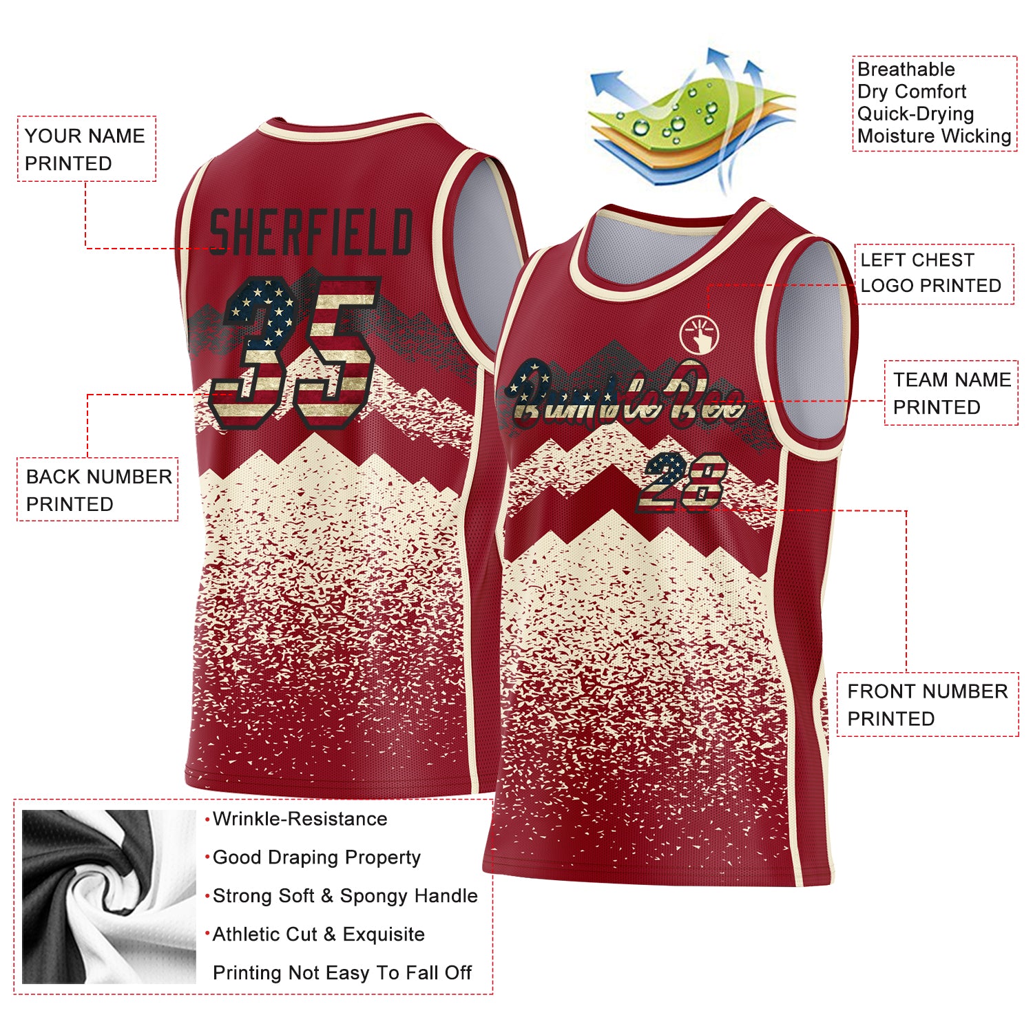 Custom Maroon Vintage USA Flag Cream-Black Mountain Peak Shards Side Panel Stripe Round Neck Sublimation Basketball Set Jersey