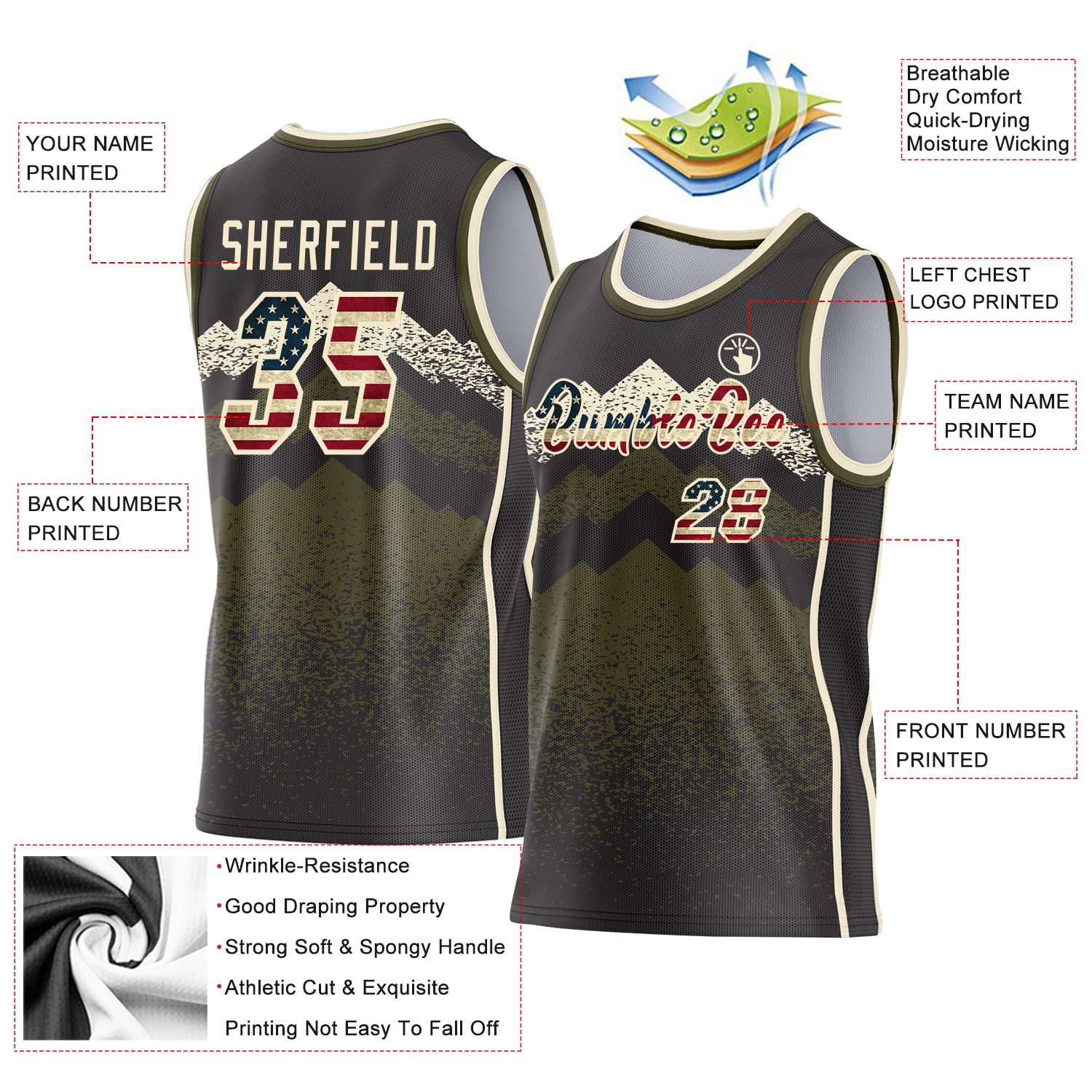 Custom Black Vintage USA Flag Olive-Cream Mountain Peak Shards Side Panel Stripe Round Neck Sublimation Basketball Set Jersey