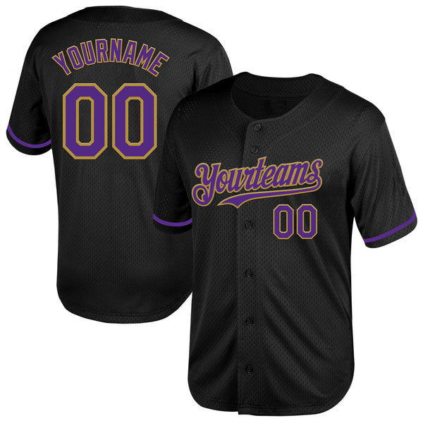 Custom Black Purple-Old Gold Mesh Authentic Throwback Baseball Jersey