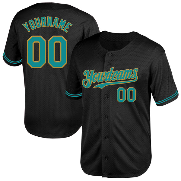 Custom Black Teal-Old Gold Mesh Authentic Throwback Baseball Jersey