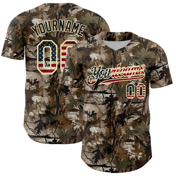 Custom Camo Vintage USA Flag-Cream 3D Woodland Camo Authentic Salute To Service Baseball Jersey
