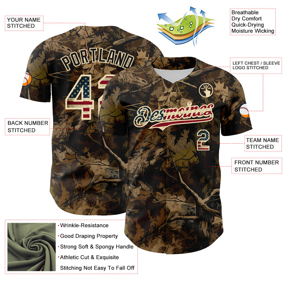 Custom Camo Vintage USA Flag Cream-Black Woodland Forest Tactical Camouflage Outdoor Leaf Authentic Baseball Jersey