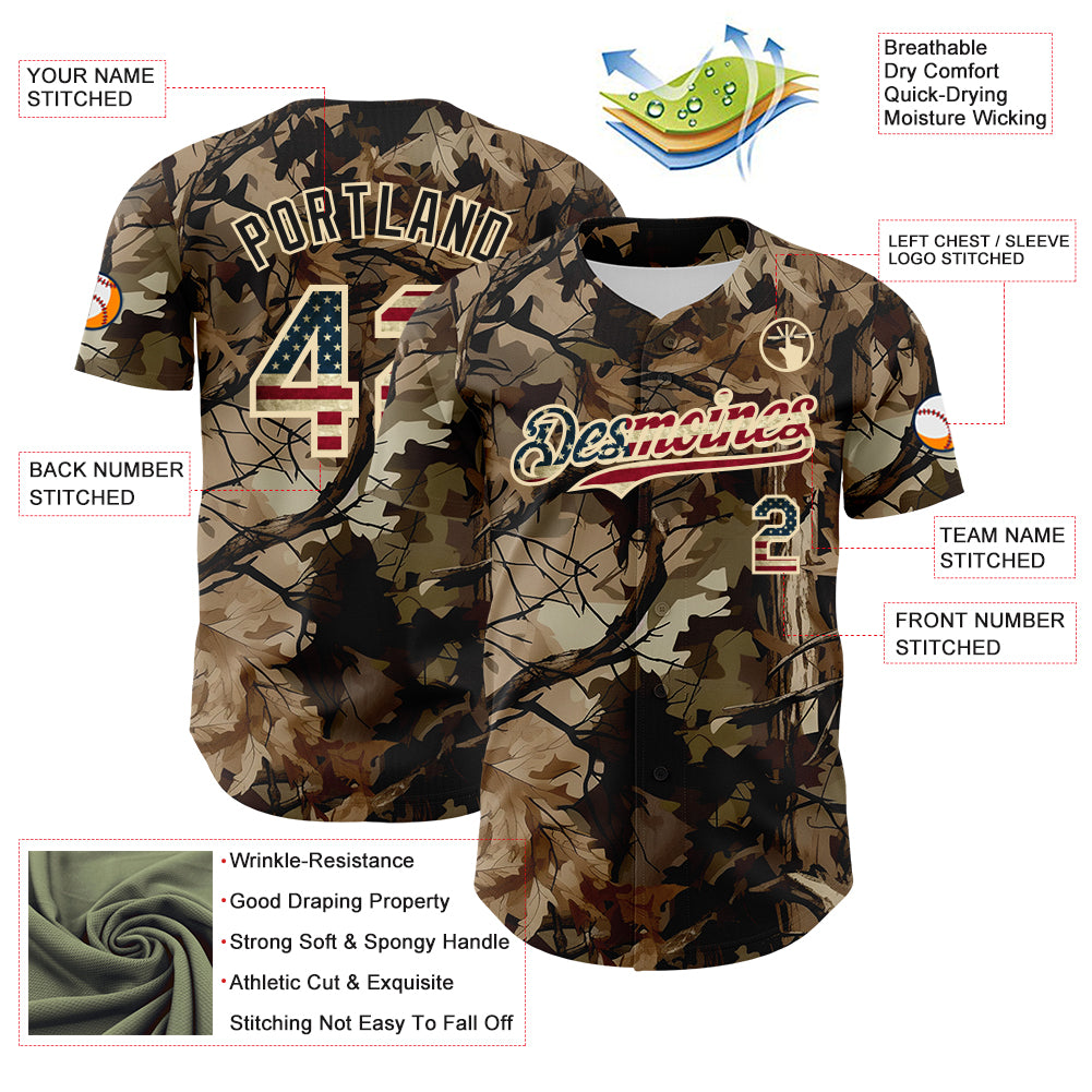 Custom Camo Vintage USA Flag Cream-Black Woodland Forest Tactical Camouflage Outdoor Leaf Authentic Baseball Jersey
