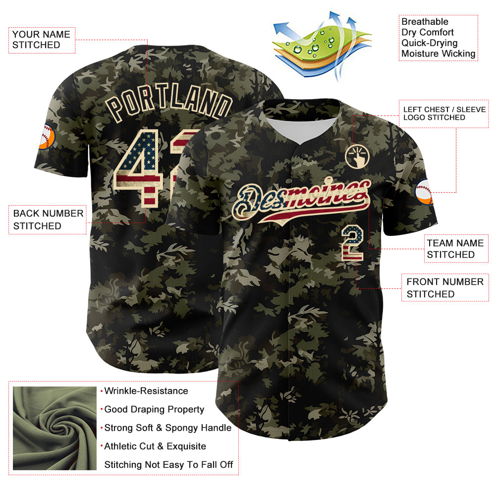 Custom Camo Vintage USA Flag Cream-Black Woodland Forest Tactical Camouflage Outdoor Leaf Authentic Baseball Jersey