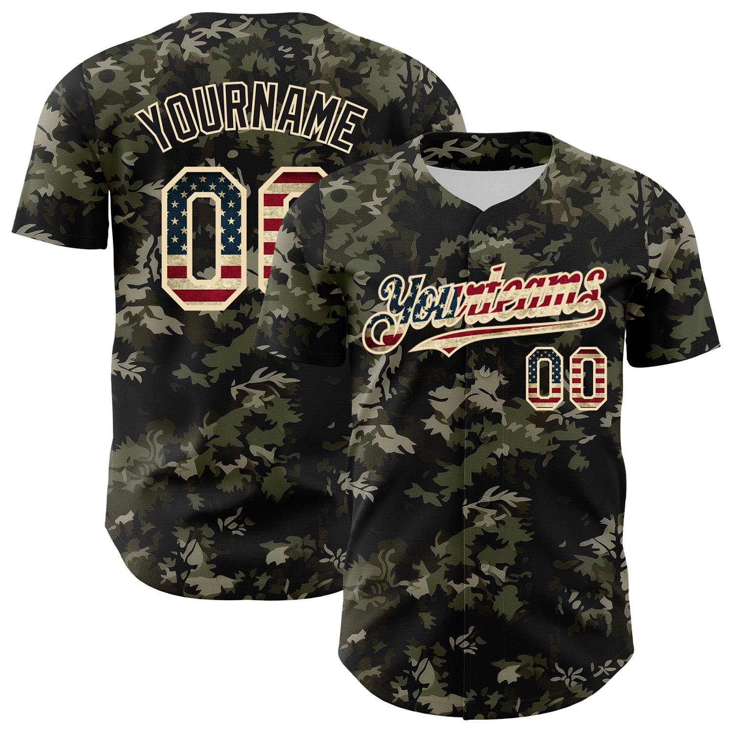 Custom Camo Vintage USA Flag Cream-Black Woodland Forest Tactical Camouflage Outdoor Leaf Authentic Baseball Jersey
