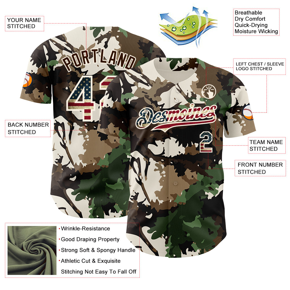 Custom Camo Vintage USA Flag Cream-Brown Woodland Forest Tactical Camouflage Outdoor Leaf Authentic Baseball Jersey