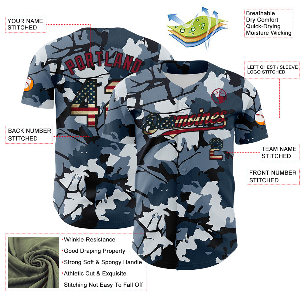 Custom Camo Vintage USA Flag Black-Crimson Woodland Forest Tactical Camouflage Outdoor Leaf Authentic Baseball Jersey