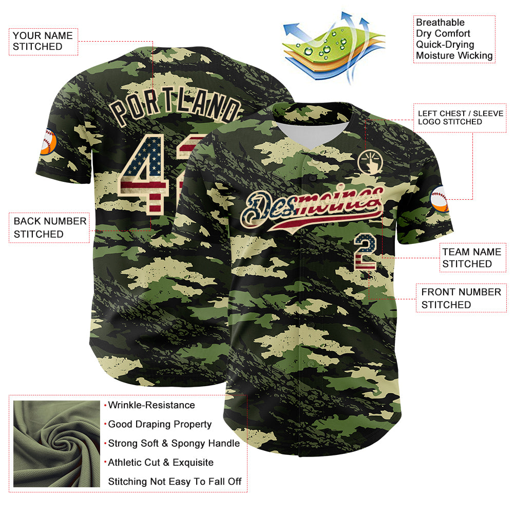 Custom Camo Vintage USA Flag Cream-Black Woodland Forest Tactical Camouflage Outdoor Leaf Authentic Baseball Jersey