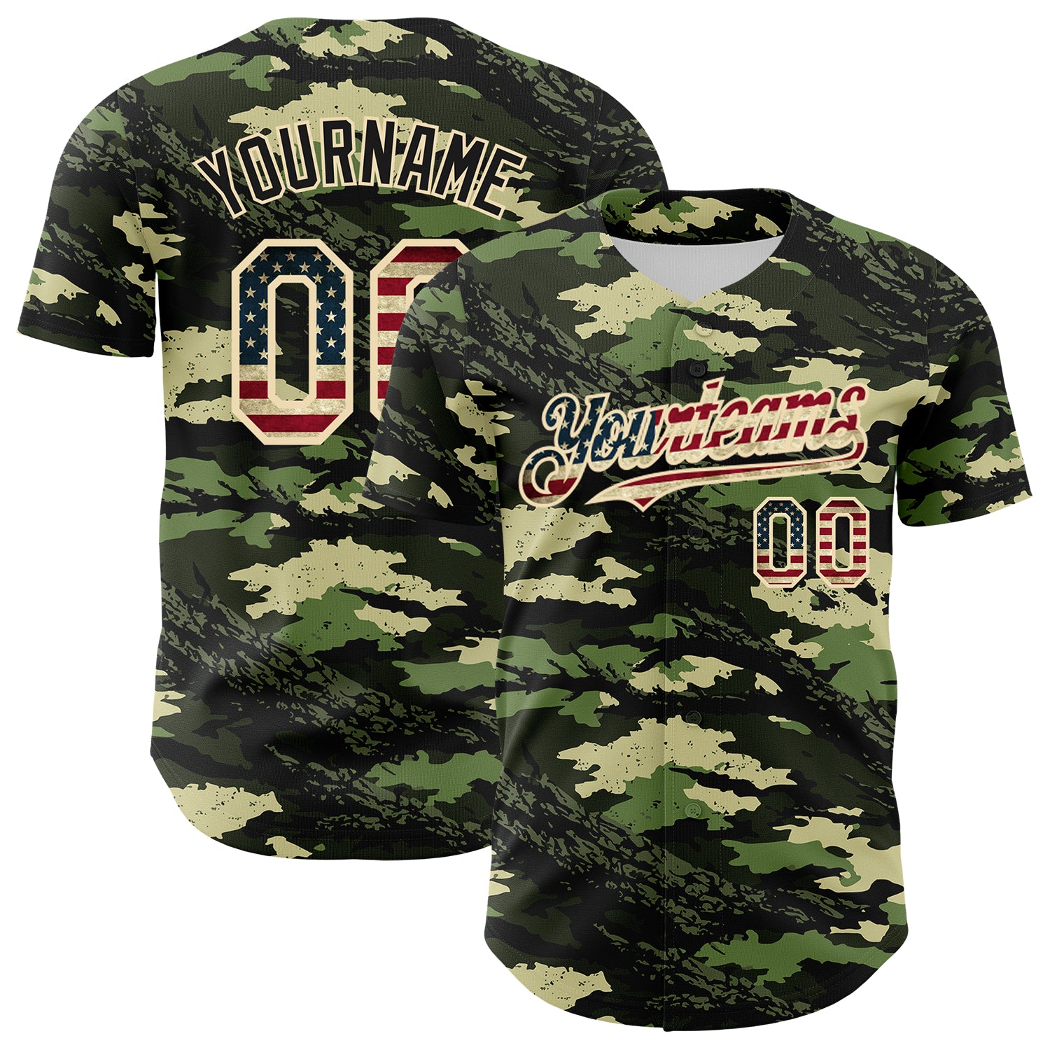 Custom Camo Vintage USA Flag Cream-Black Woodland Forest Tactical Camouflage Outdoor Leaf Authentic Baseball Jersey